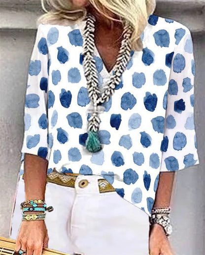 V-Neck Dot Print Loose Casual Shirt Top Limorista