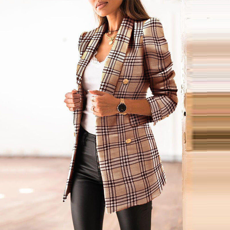 Spring Fashion Printed Long Sleeve Double Breasted Blazer Collar Coat Limorista