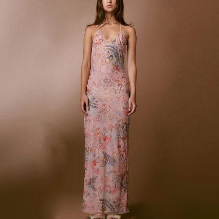 Floral Print Halter Spaghetti Straps Dress Sexy Slim Butterfly Back Dressess Spring Summer Womens Clothing Limorista