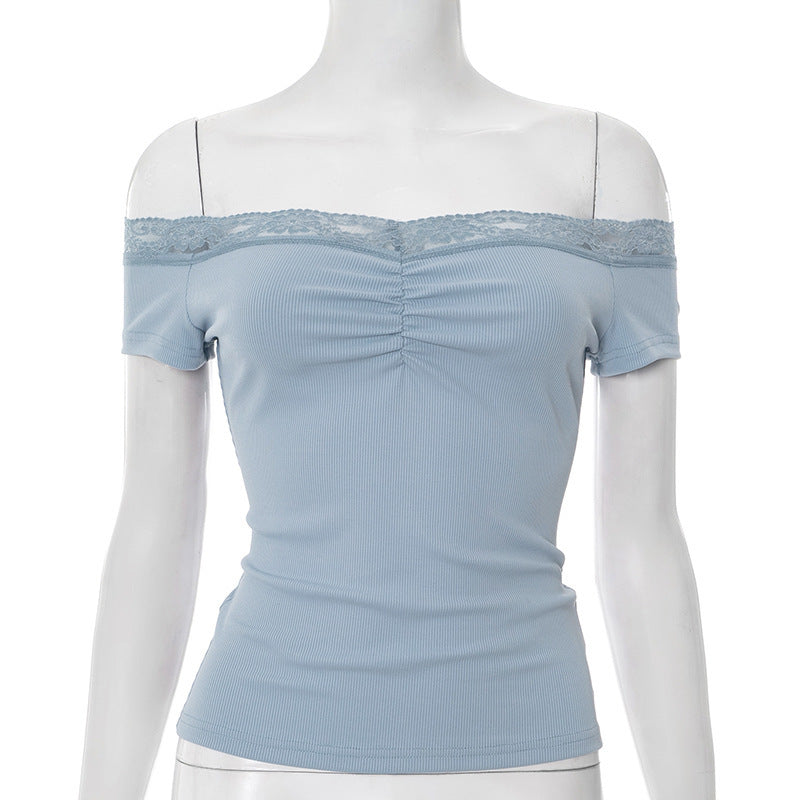 Solid Color Sleeveless Off-neck Lace Top Limorista