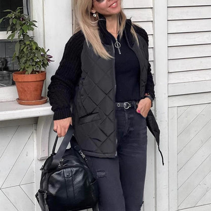 Stand Collar Cotton Jacket With Pockets Fashion Knitted Stitching Zipper Coat Winter Warm Tops For Women Limorista