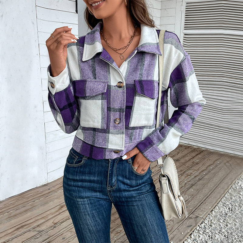 Plaid Lapel Cropped Jacket With Pockets Fashion Button Long Sleeve Short Outwear Tops Coat For Womens Clothing Limorista