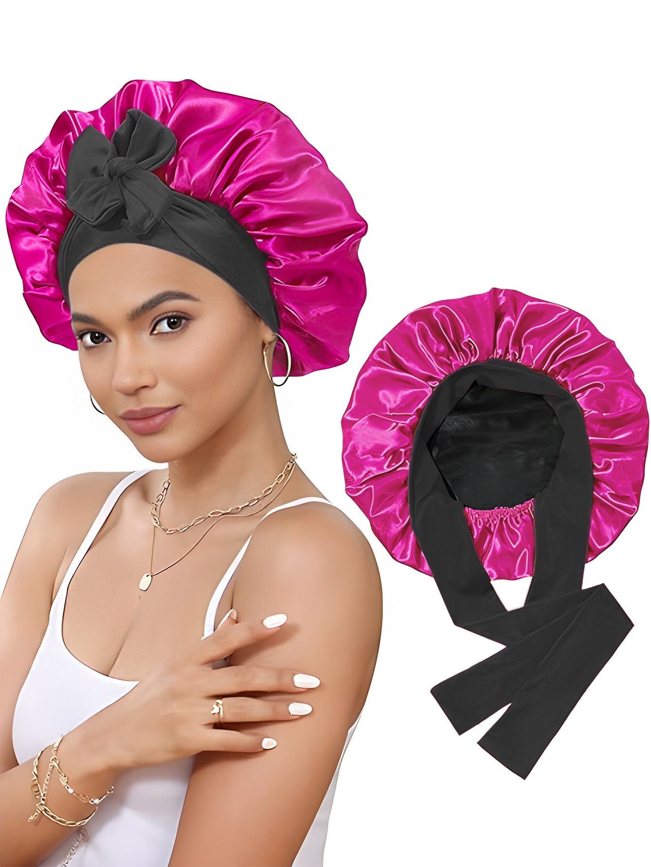 Double-layer Satin Ribbon Round Cap Bow Artificial Silk Beauty Hair Care Wide-brimmed Hat Limorista