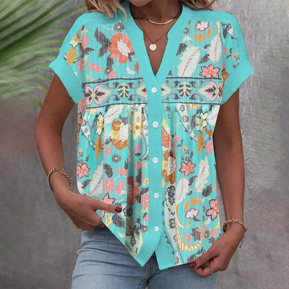 Casual Stand Collar Short Sleeve Regular Cardigan Digital Printing Top Shirt Limorista