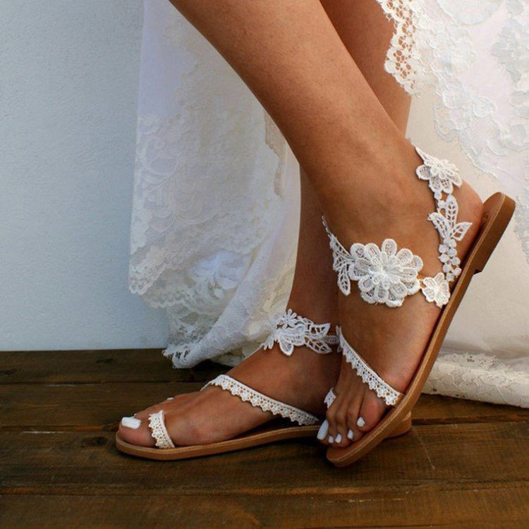 Lace Sandals Bohemia Beach Shoes Flowers Ankle Strap Flat Shoes Summer Limorista