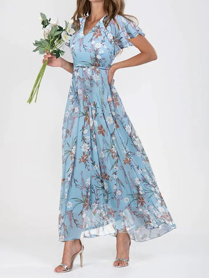 Flowers Print Short Sleeve Dress Summer Fashion Ruffle Beach Dresses Women&