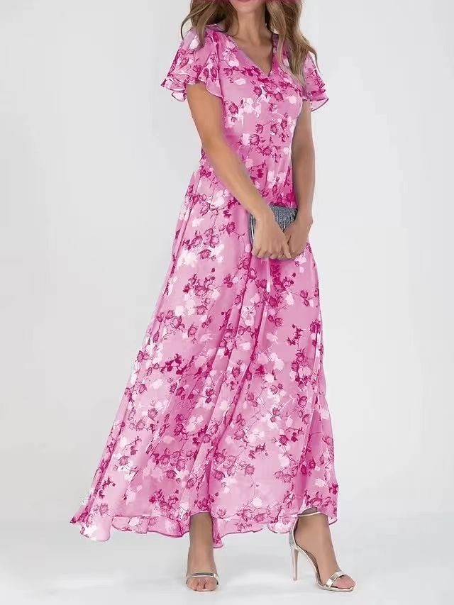 Flowers Print Short Sleeve Dress Summer Fashion Ruffle Beach Dresses Women&