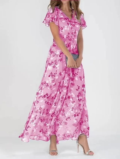 Flowers Print Short Sleeve Dress Summer Fashion Ruffle Beach Dresses Women&