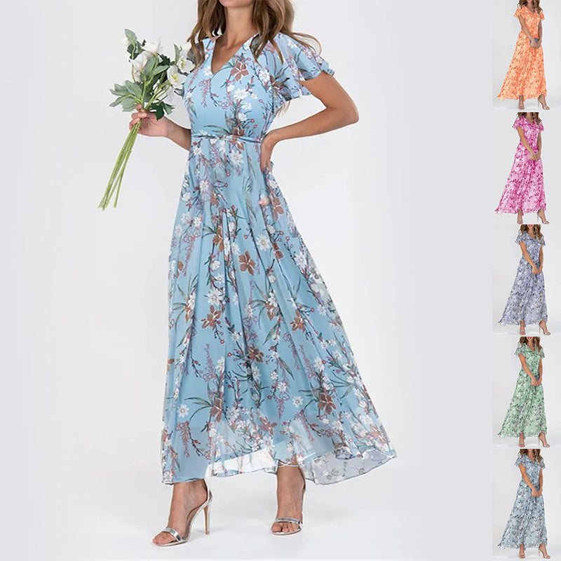 Flowers Print Short Sleeve Dress Summer Fashion Ruffle Beach Dresses Women&