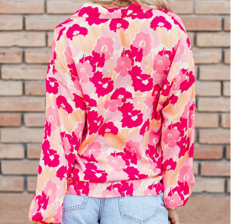 Blooming Floral Print Puff Sleeve Buttoned Shirt Limorista