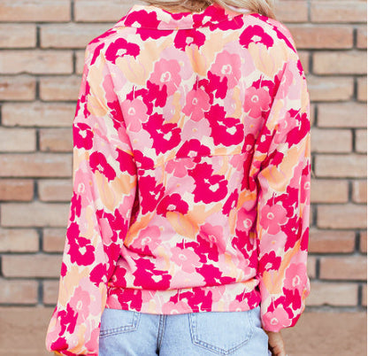 Blooming Floral Print Puff Sleeve Buttoned Shirt Limorista
