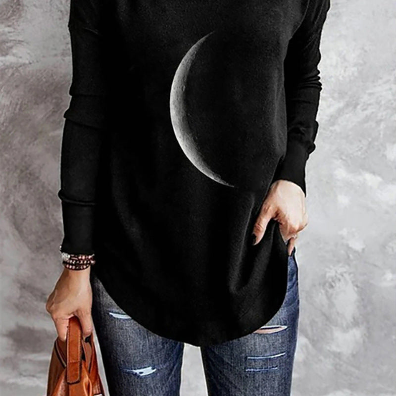 Limorista - Moon Print Round Neck Loose Long-sleeved T-shirt Sweater Women