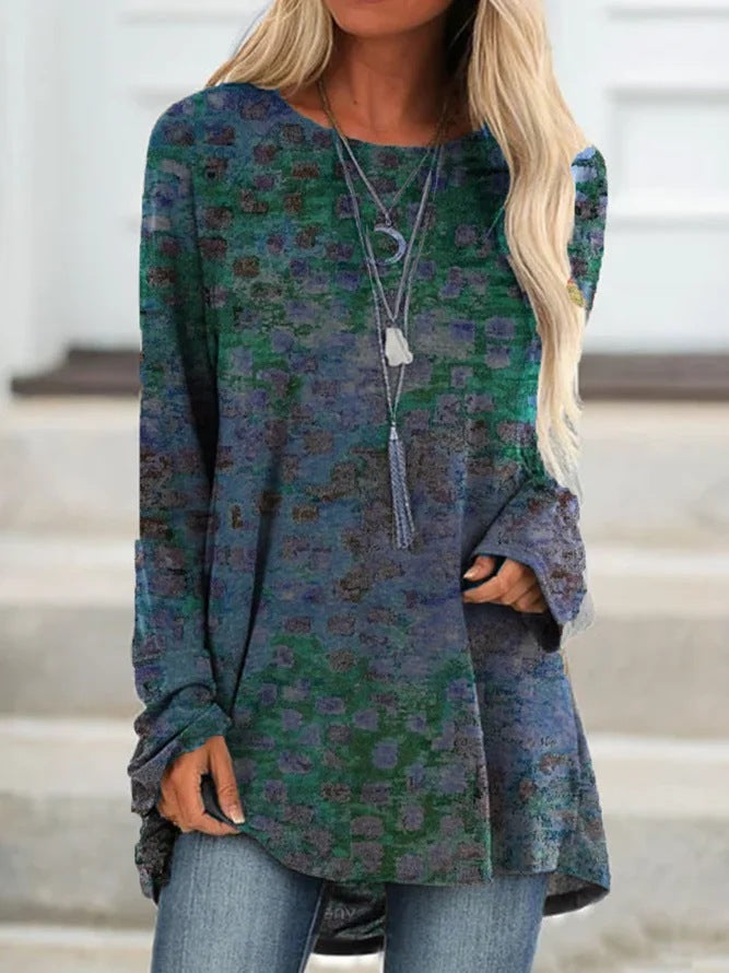 Round Neck Pullover Long-sleeved T-shirt Women&