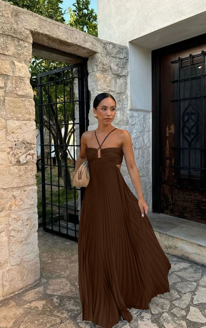 Ins Pleated Sleeveless Sling Dress Hollow High Waist Halter Robe Dresses For Evening Party Club Clothing Women Limorista