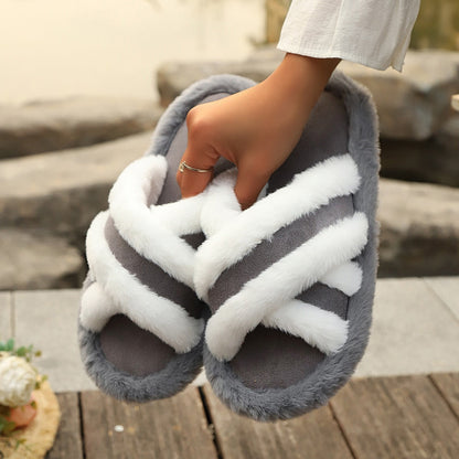 Fluffy Slippers Cross Strap Stitching Warm Casual Platform Slippers Limorista