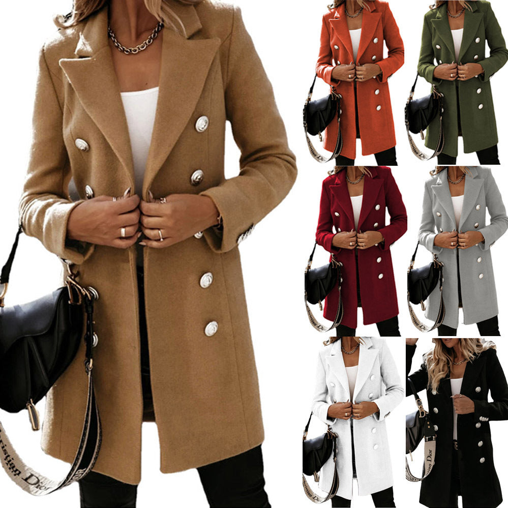Limorista - Fashion Turndown Collar Jacket For Women Autumn Winter Long-sleeved Double-breasted Woolen Coat