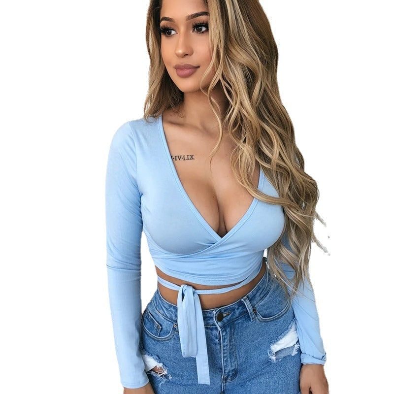 Navel-cut Low-cut Lace-up Long-sleeved Solid Color Top Limorista