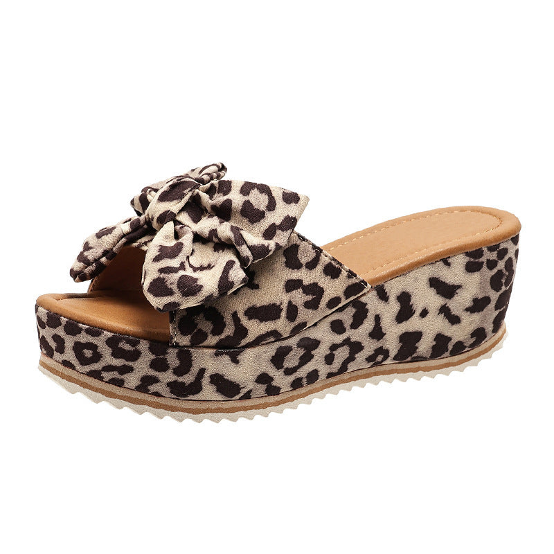 Fashion Bow Leopard Print Wedge Slippers For Women New Thick-sole High Heel Flat Shoes Summer Outdoor Fish Mouth Slippers Limorista