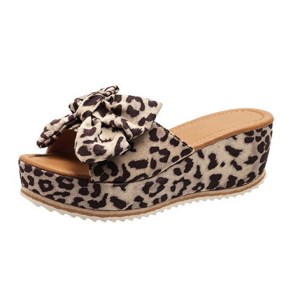Fashion Bow Leopard Print Wedge Slippers For Women New Thick-sole High Heel Flat Shoes Summer Outdoor Fish Mouth Slippers Limorista