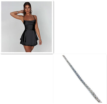 Sexy Suspender Skirt For Women Elegant Slim Strap Satin Backless Lace Up A-Line Short Dress Lady Limorista