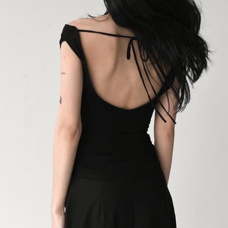 European And American Solid Color Swing Collar Sleeveless Backless Lace-up Sexy Vest Top T-shirt Limorista
