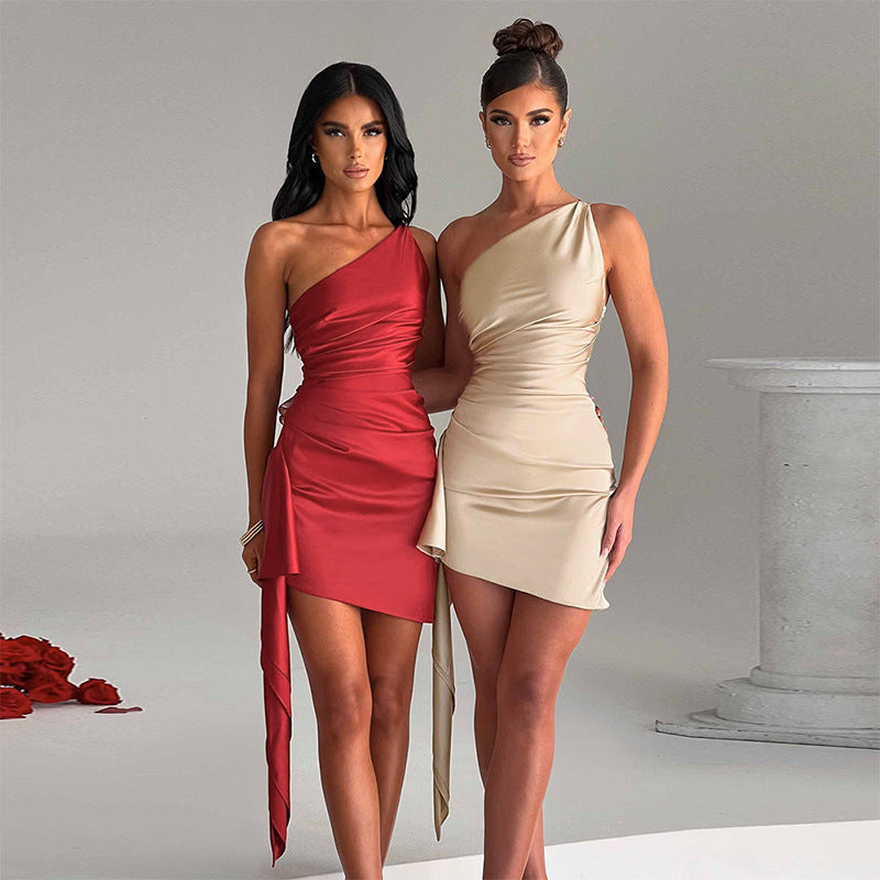 One-shoulder Sleeveless Mini Dress Sexy Slim Backless Skirt Party Wedding Dresses Womens Clothing Limorista