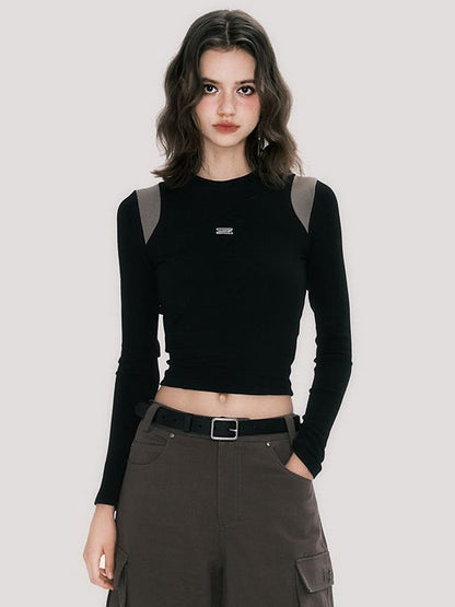 Autumn New Contrast Color Waist-controlled Long Sleeves Round Neck T-shirt Slim Top For Women Limorista