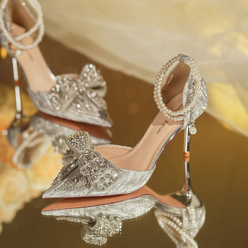 Rhinestone Bow Pointy Hollow Pearl Heels Limorista