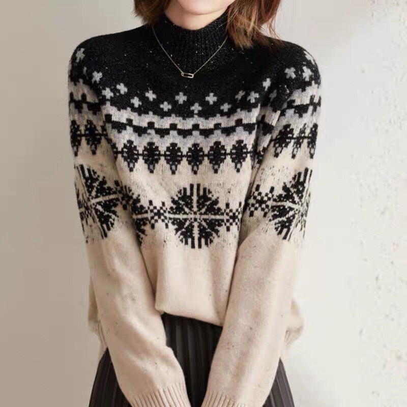 Autumn And Winter Spring New Half Turtleneck Knitted Snowflake Retro Loose Sweater Limorista