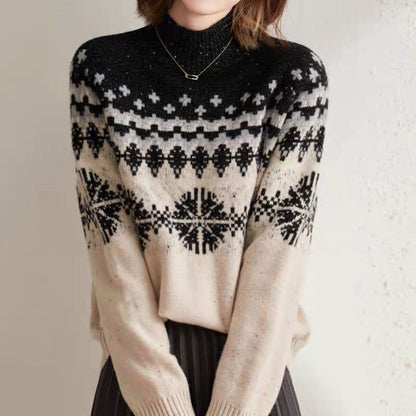 Autumn And Winter Spring New Half Turtleneck Knitted Snowflake Retro Loose Sweater Limorista