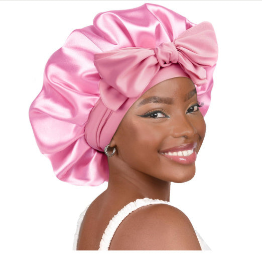 Double-layer Satin Ribbon Round Cap Bow Artificial Silk Beauty Hair Care Wide-brimmed Hat Limorista