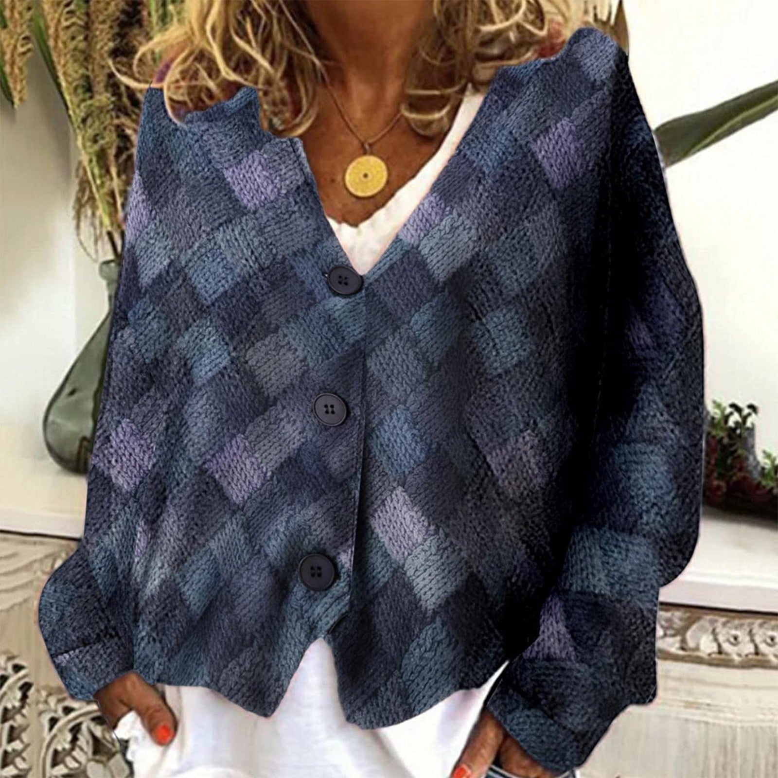 Spring And Autumn Casual V-neck Button Irregular Pattern Print Coat For Women Limorista