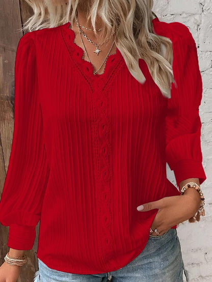Long Sleeve V-neck Lace Patchwork Shirt Limorista