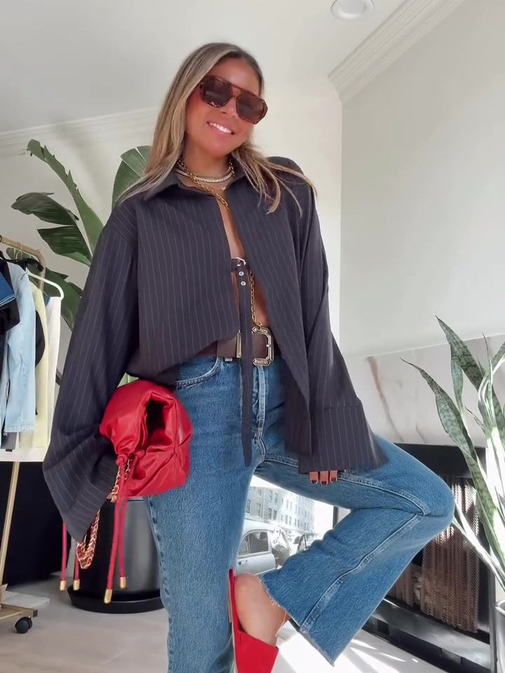 Limorista - Striped Lace-up Irregular Hem Top