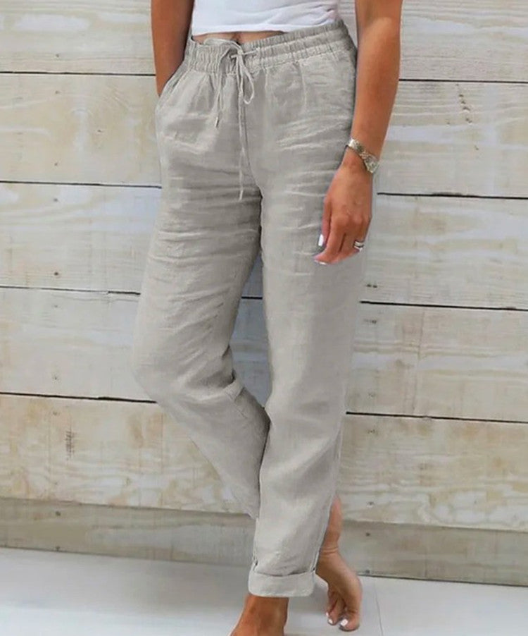Summer Elastic Waist Solid Color Cotton Linen Wide Leg Pants Loose Pants Women&