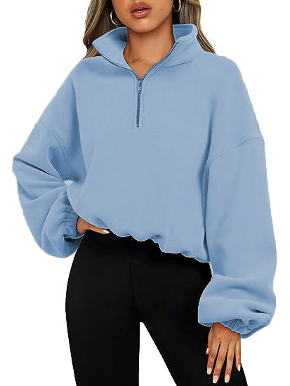 Loose Sport Pullover Hoodie Women Winter Solid Color Zipper Stand Collar Sweatshirt Thick Warm Clothing Limorista