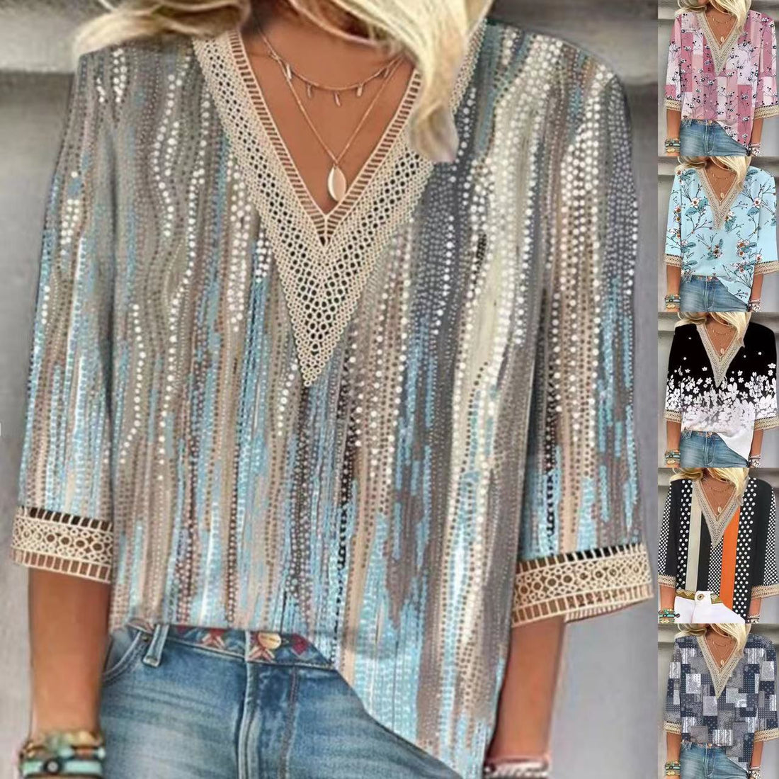 European And American Popular Fashion Loose Multi-color Floral Print Stitching Lace Half Sleeve V-neck Top Limorista