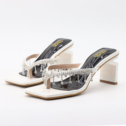 Square Toe Rhinestone High-heeled Outdoor Women&