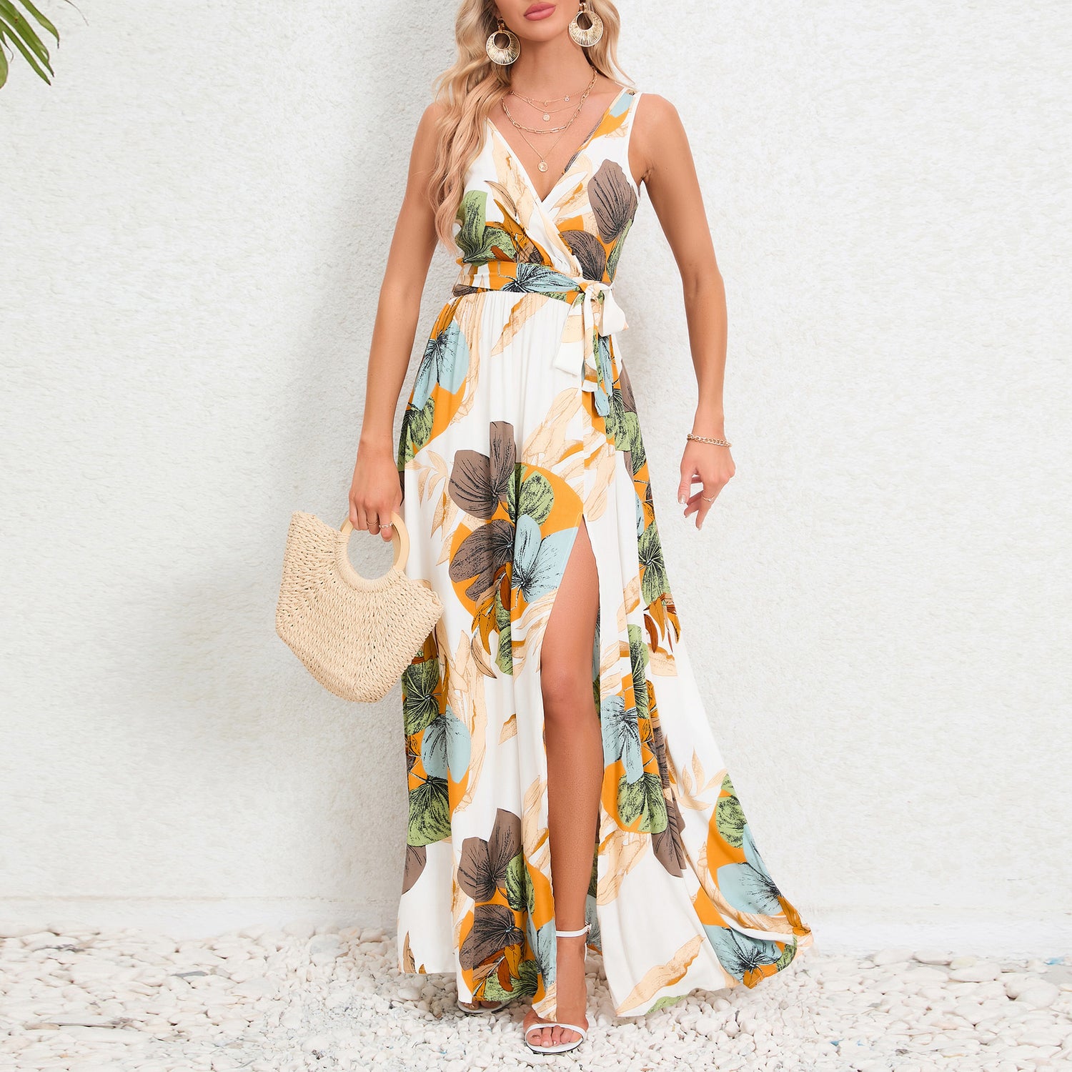V-neck Floral Print Long Dress Summer Fashion Waist Tie Slit Design Sleeveless Dress For Womens Clothing Limorista