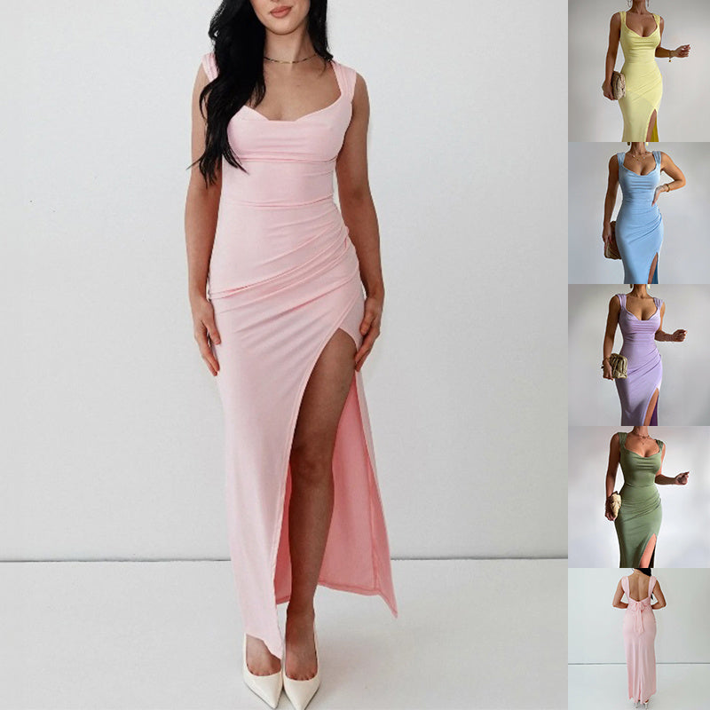 Slim Sleeveless Slit Dress With Back Tie Design Fashion Temperament Dresses For Women Clothing Limorista