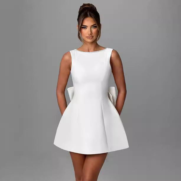 Fashion Big-Bowed Pearls Backless Dress Summer Slim Sleeveless A-line Dresses For Party Evening Women&