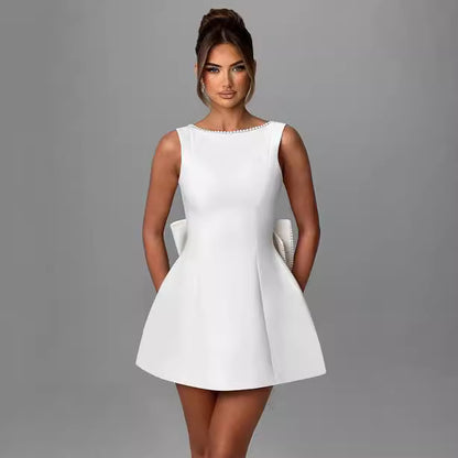 Fashion Big-Bowed Pearls Backless Dress Summer Slim Sleeveless A-line Dresses For Party Evening Women&