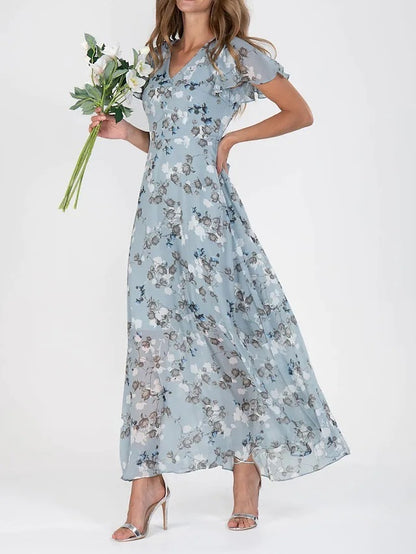 Flowers Print Short Sleeve Dress Summer Fashion Ruffle Beach Dresses Women&