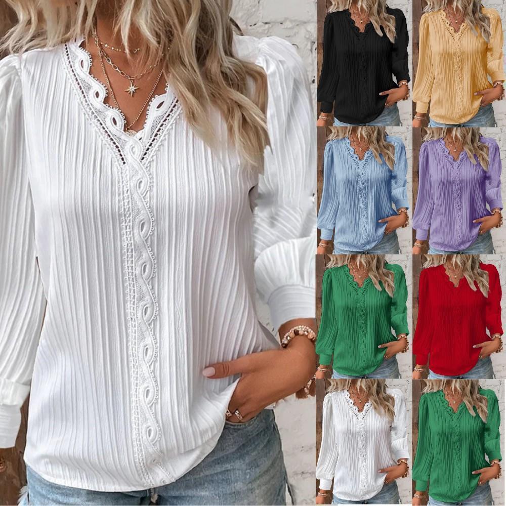 Long Sleeve V-neck Lace Patchwork Shirt Limorista