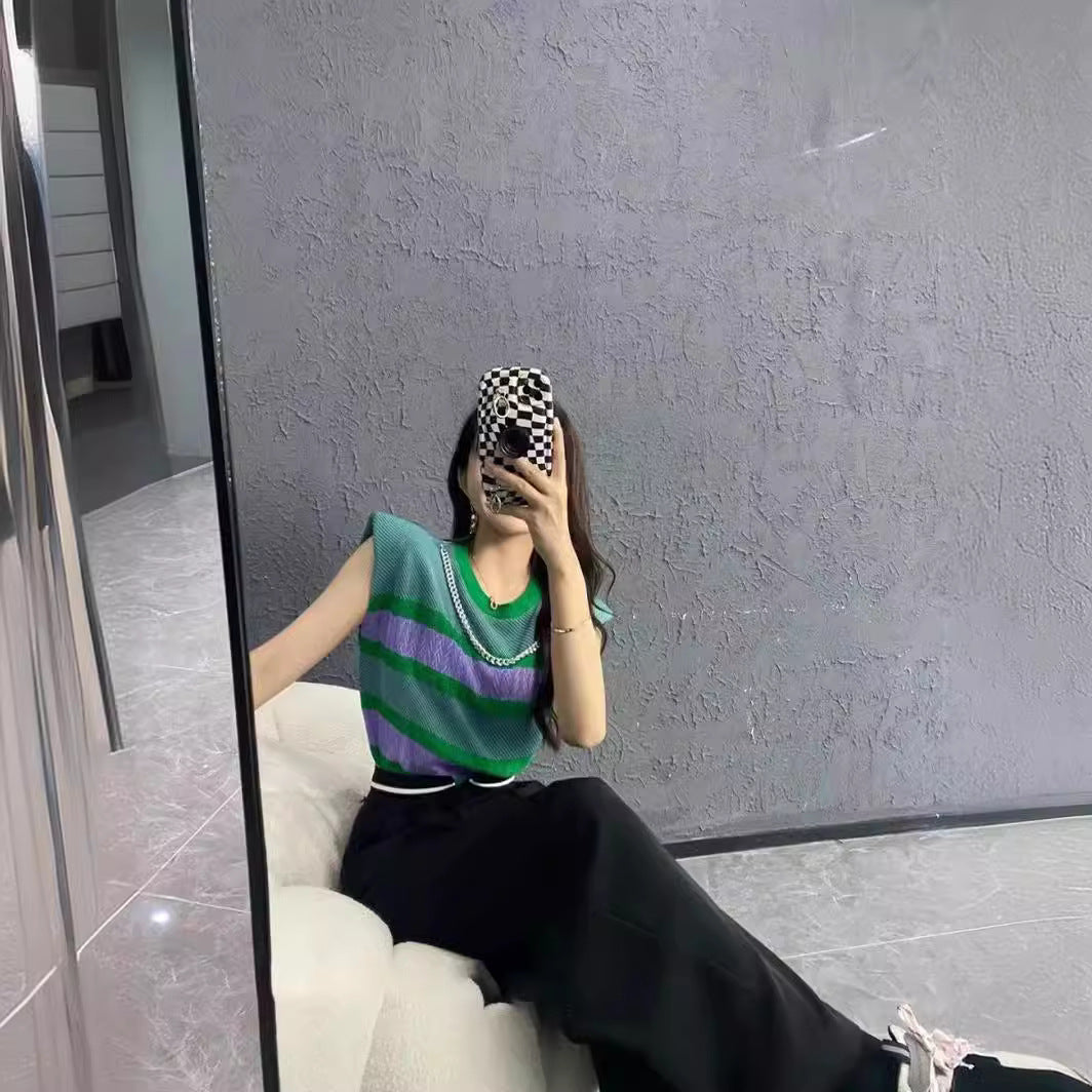 Striped Contrast Color Knitwear Vest Top Limorista