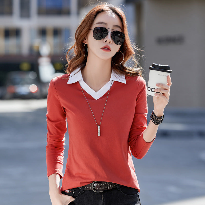 Lapel Long Sleeve T-shirt Women&