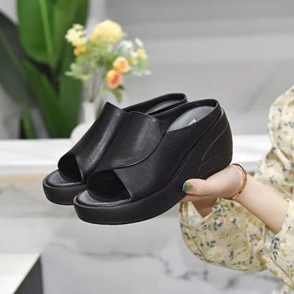 New Real Soft Leather Wedge Sandals Women&