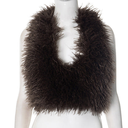 Vest Fashion Bare Back Fur Collar Halter Top Limorista