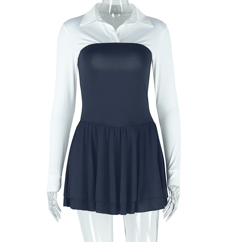 Stitching Contrast Color Cardigan Shirt Lapel Fake Two Pieces Dress Limorista