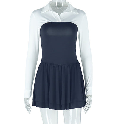 Stitching Contrast Color Cardigan Shirt Lapel Fake Two Pieces Dress Limorista